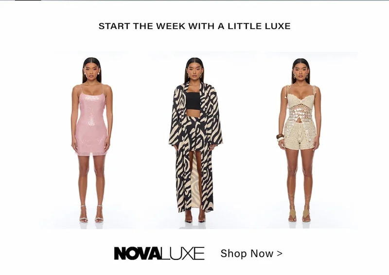 NovaLuxe women's fashion: pink sequin dress, zebra print kimono set, cream crochet outfit. Shop luxury styles.