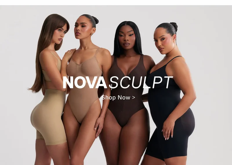 Nova Sculpt body sculpting shapewear featuring diverse models in bodysuits & shorts for ultimate comfort & style.