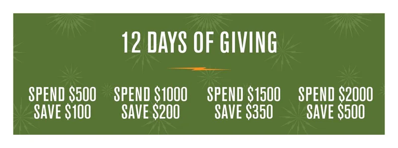 12 DAYS OF GIVING  Spend $500 Save $100  Spend $1000 Save $200  Spend $1500 Save $350  Spend $2000 Save $500