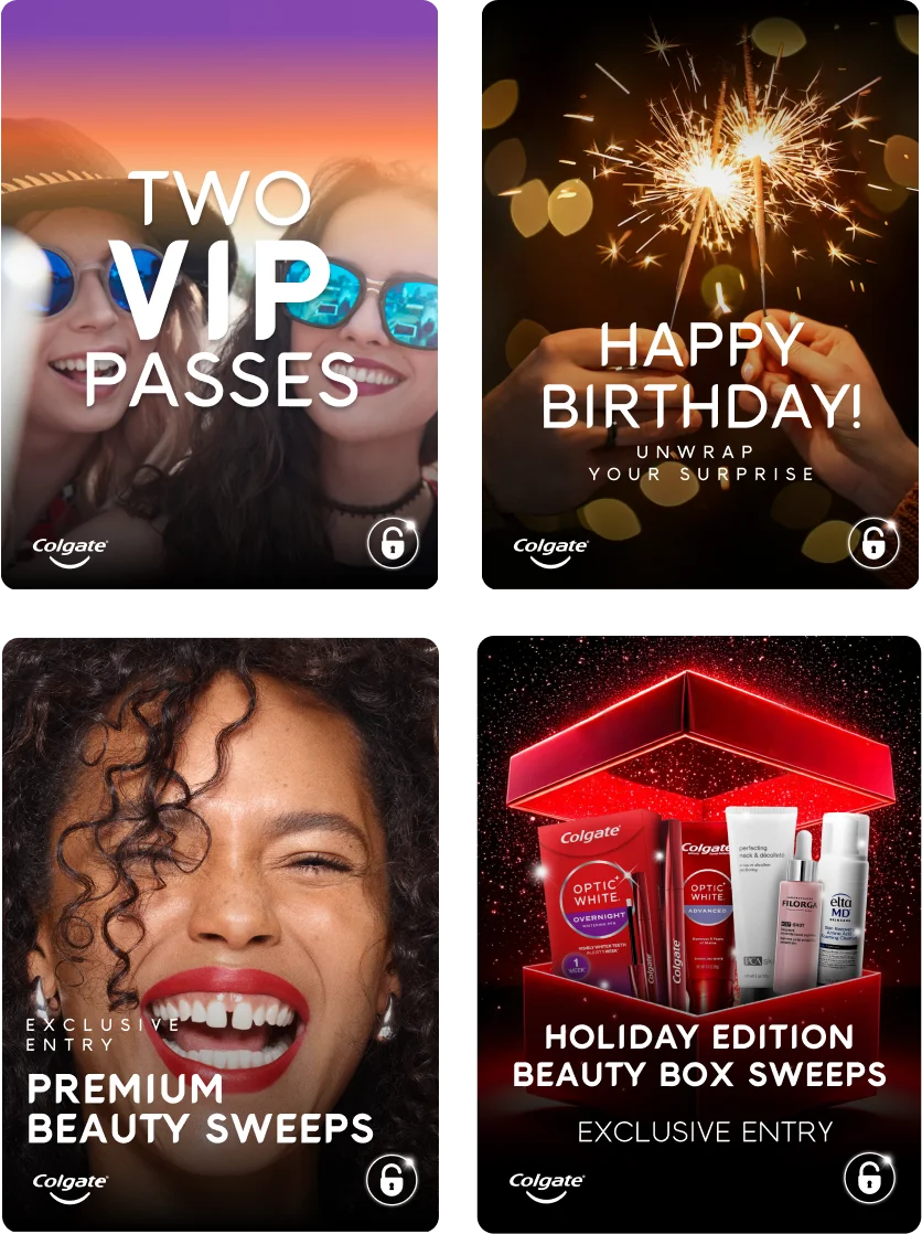Four Optic Obsessed Perks Cards, featuring past prizes like Two VIP Passes, Birthday, Premium Beauty Sweeps, and Holiday Edition Beauty Box Sweeps.
