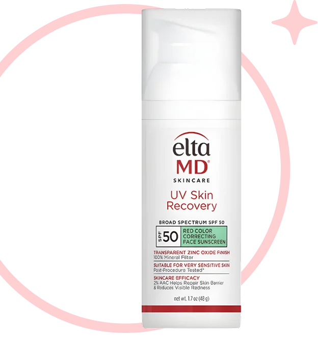 EltaMD® UV Skin Recovery Red Color Correcting Green Tint Broad Spectrum SPF 50 Clinically proven to reduce visible redness by 52% and dryness by 72%.