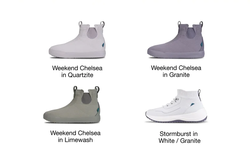 Product grid of the new seasonal colours: Weekend Chelsea in Quartzite. Weekend Chelsea in Granite. Weekend Chelsea in Limewash. Stormburst in White / Granite.