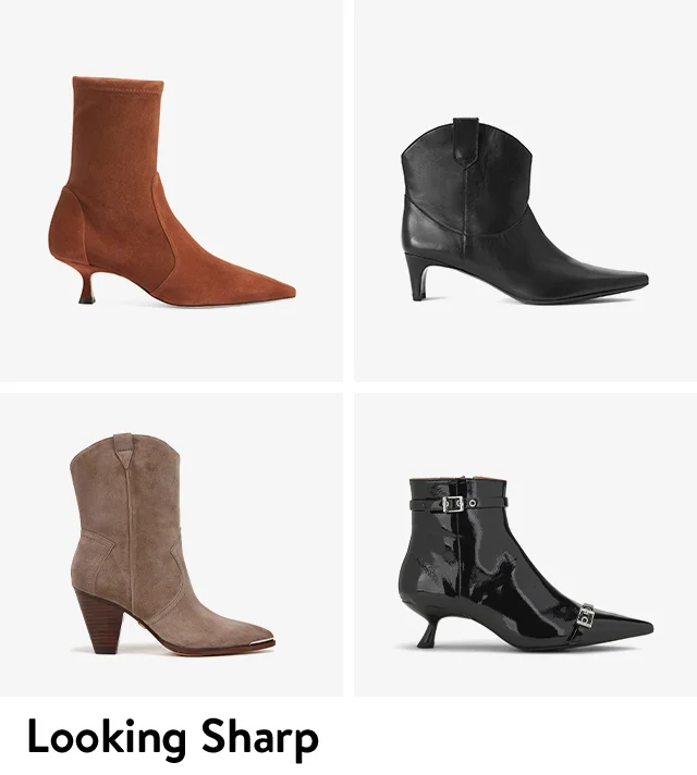 Four styles of pointed-toe boots.