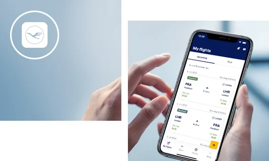 The 'My flights' screen in the Lufthansa App on a smartphone’s front page.