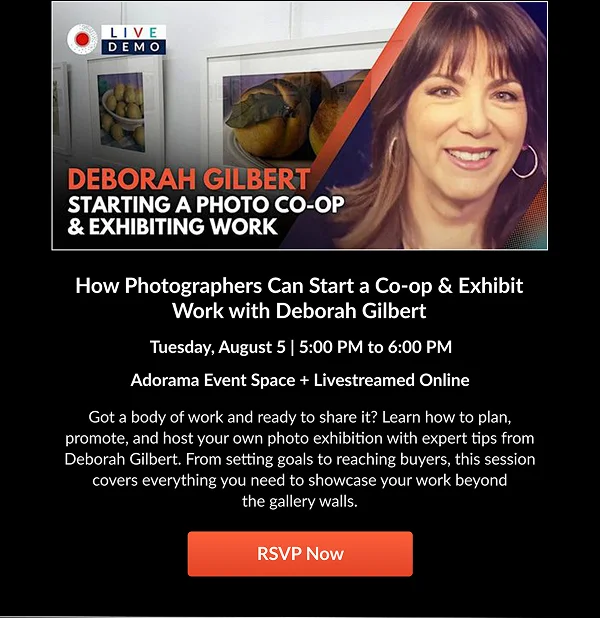 How Photographers Can Start a Co-op & Exhibit Work with Deborah Gilbert  Tuesday, August 5 | 5:00 PM to 6:00 PM