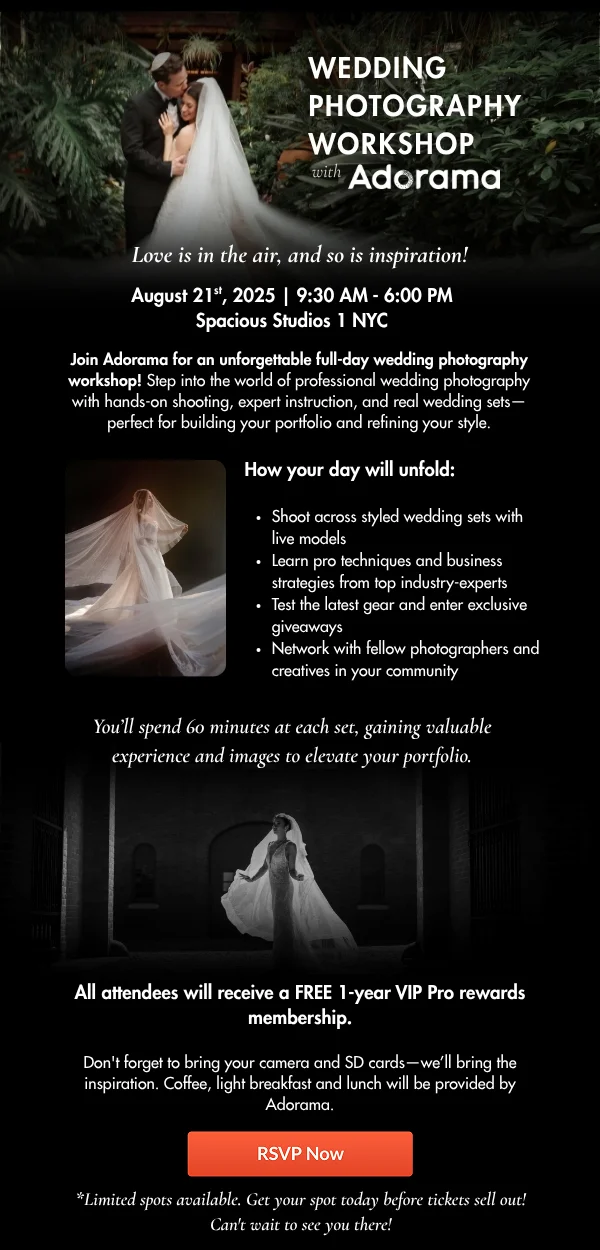 NYC Wedding Workshop with Adorama!  Monday, August 21 | 9:30 AM to 6:00 PM