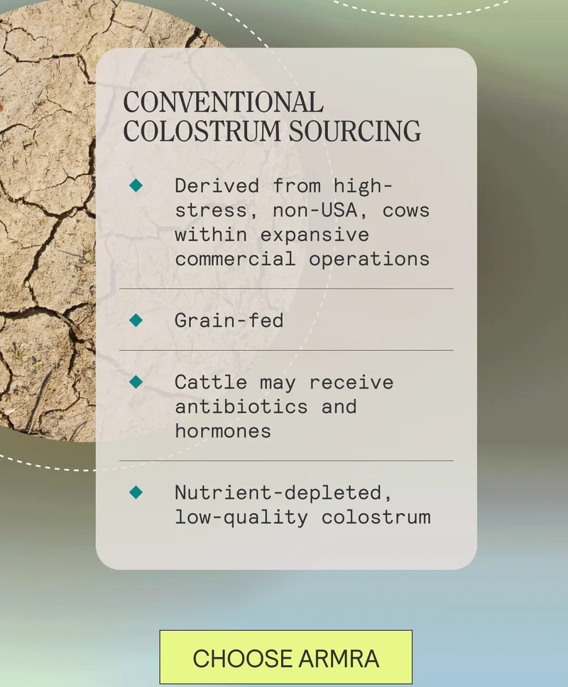 CONVENTIONAL COLOSTRUM SOURCING -Derived from high-stress, non-USA, cows within expansive commercial operations-Grain-fed -Cattle may receive antibiotics and hormones -Nutrient-depleted, low-quality colostrum