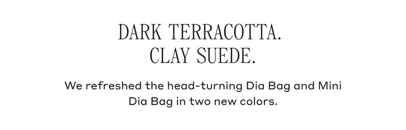 DARK TERRACOTTA. CLAY SUEDE. We refreshed the head-turning Dia Bag and Mini Dia Bag in two new colors.