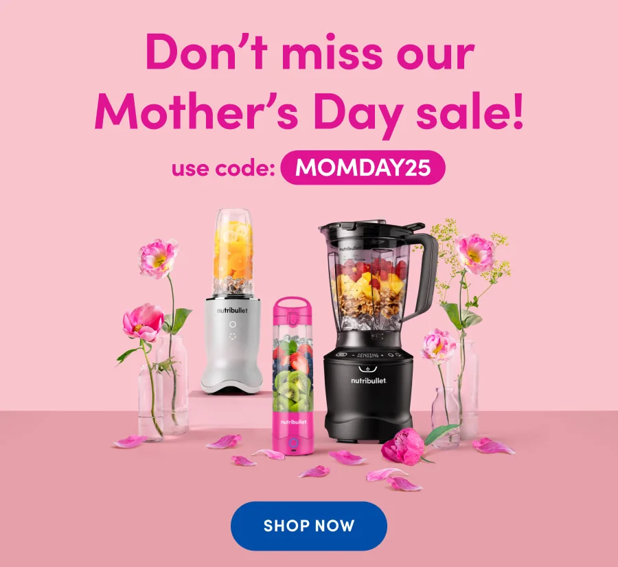 Picture of the nutibullet Ultra, SmartSense Blender, and Portable Blender surrounded with roses in a clear vase and rose petals to commemorate Mother’s Day.