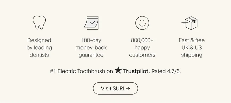 Our credentials - 500K happy customers, fast and free UK & US shipping, designed by leading dentists, and 100 day money back guarantee. Rated 4.7/5 on Trustpilot.