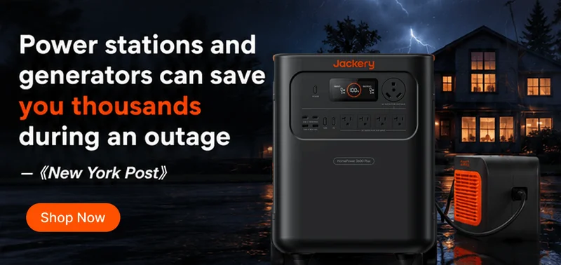 Man stocking fridge during a lightning storm with Jackery backup power.