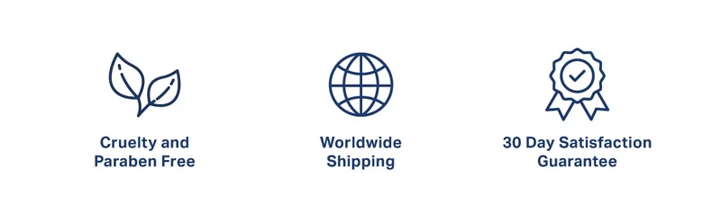 worldwide shipping, 30 day satisfaction guarantee, Cruelty and Paraben free
