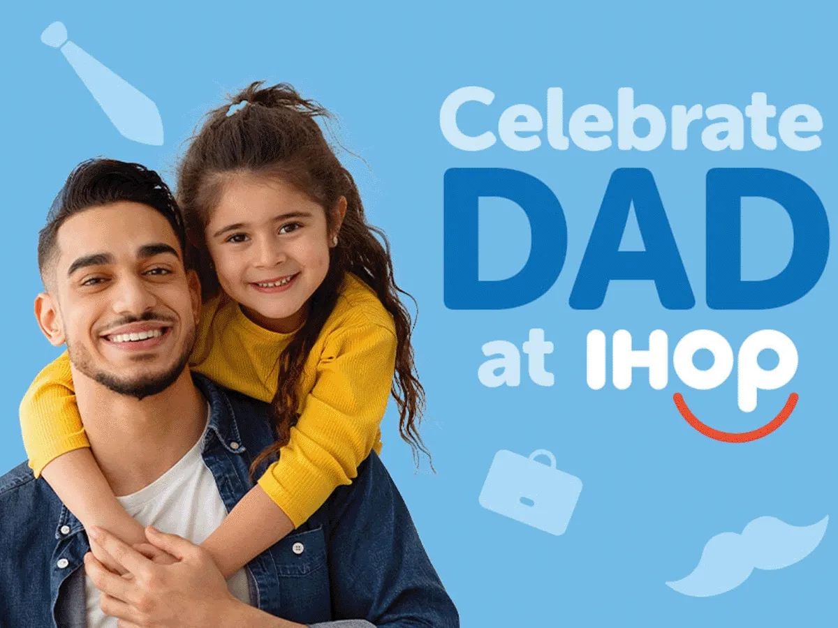 A photo of a young girl hugging her dad from behind around his shoulders, set against a blue background with dad-like icons, including a tie, suitcase, and mustache.