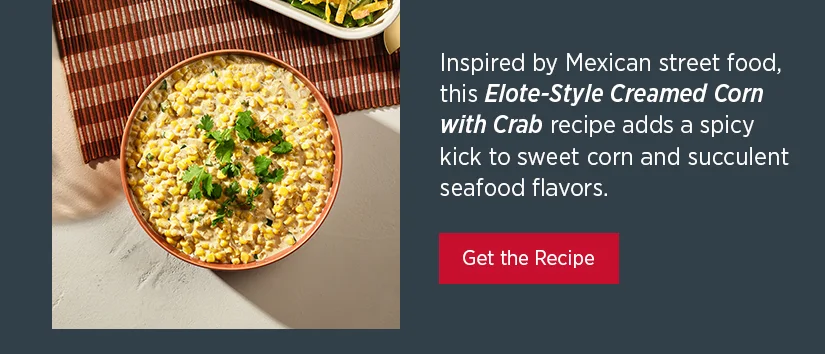 Inspired by Mexican street food this Elote-Style Creamed Corn with Crab recipe adds a spicy kick to sweet corn and succulent seafood flavors.