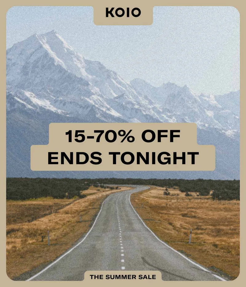 Koio. 15-70% OFF ENDS TONIGHT. The Summer Sale