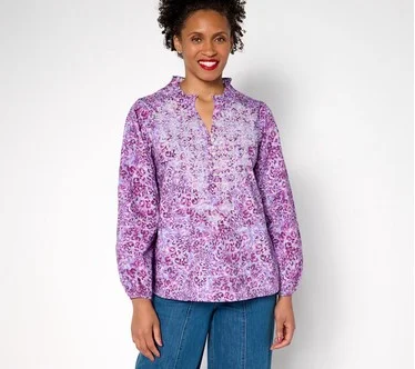 LOGO Lavish by Lori Goldstein Animal Print Embroidered Cotton Blouse