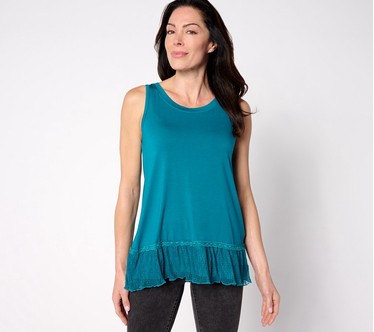 LOGO Layers by Lori Goldstein Knit Tank with Dot Mesh Ruffle Hem