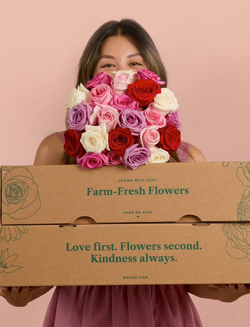 Image of flowers delivered in a Bouqs box.