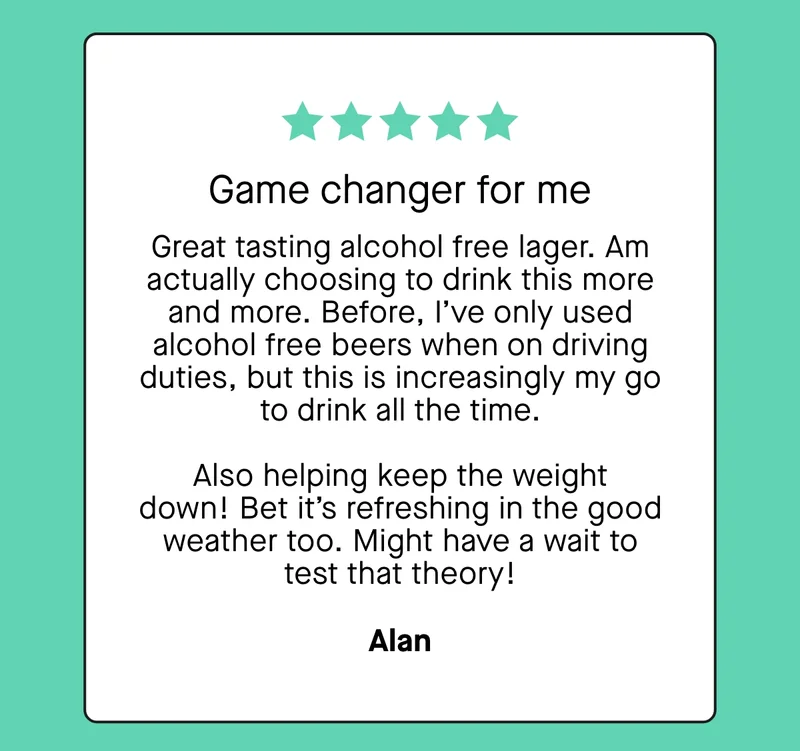 Game changer for me. Great tasting alcohol free lager. Am actually choosing to drink this more and more. Before, I’ve only used alcohol free beers when on driving duties, but this is increasingly my go to drink all the time.  Also helping keep the weight down! Bet it’s refreshing in the good weather too. Might have a wait to test that theory! - Alan