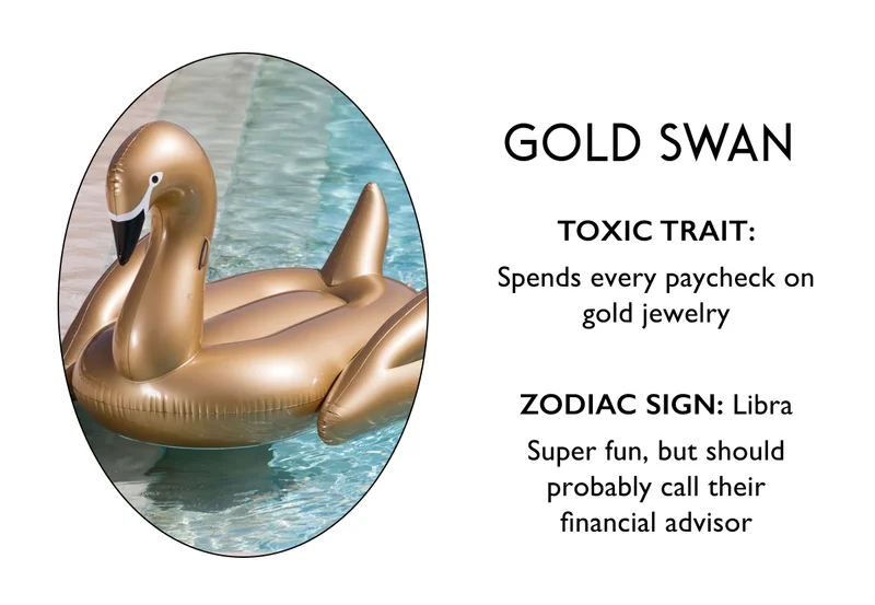 GOLD SWAN | TOXIC TRAIT: Spends every paycheck on gold jewelry  ZODIAC SIGN: Libra Super fun, but should probably call their financial advisor