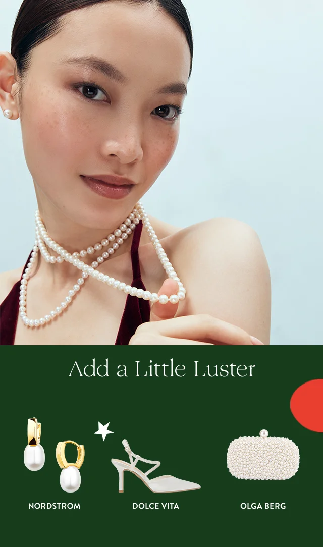 A woman wearing a pearl necklace. Earrings, a heel and a handbag.