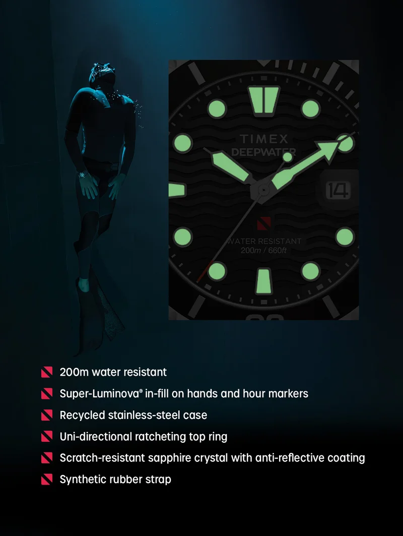 200m water resistant | Super-Luminova in-fill on hands and hour markers | Recycled stainless-steel case | Uni-directional ratcheting top ring | Scratch-resistant sapphire crystal with anti-reflective coating | Synthetic rubber strap