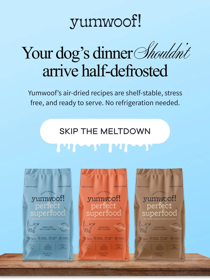 Yumwoof! | Your dog’s dinner Shouldn’t arrive half-defrosted | Yumwoof’s air-dried recipes are shelf-stable, stress free, and ready to serve. No refrigeration needed. | SKIP THE MELTDOWN
