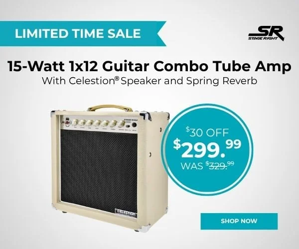 LIMITED TIME SALE Stage Right (Logo) 15-Watt 1x12 Guitar Combo Tube Amp With Celestion® Speaker and Spring Reverb Free Standard US Shipping $299.99 WAS $329.99 $30 OFF Shop Now