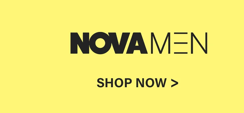 Black "NOVAMEN" logo on a bright yellow background with "SHOP NOW >" below. Discover the latest men's fashion and shop now.