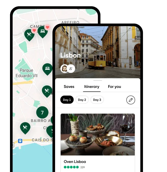 Image Description: Two phone screens featuring the Tripadvisor app: a traveler’s Lisbon itinerary and a map of Lisbon