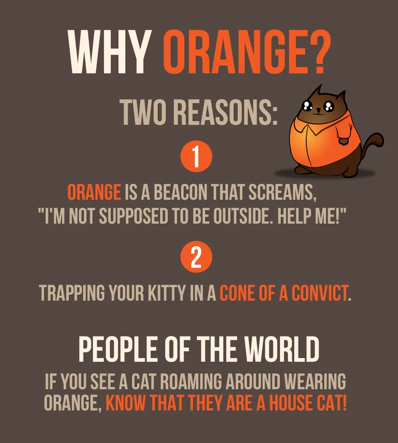 WHY ORANGE? TWO REASONS: | 1- ORANGE IS A BEACON THAT SCREAMS, "I'M NOT SUPPOSED TO BE OUTSIDE. HELP ME!" | 2- TRAPPING YOUR KITTY IN A CONE OF A CONVICT.| PEOPLE OF THE WORLD | IF YOU SEE A CAT ROAMING AROUND WEARING ORANGE, KNOW THAT THEY ARE A HOUSE CAT!