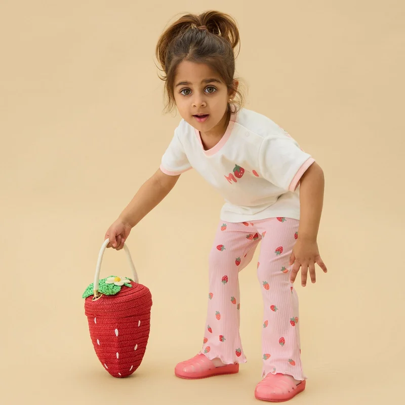 Image of Sweet Strawberry  Oversized Tee & Ribbed Flared Pants Outfit