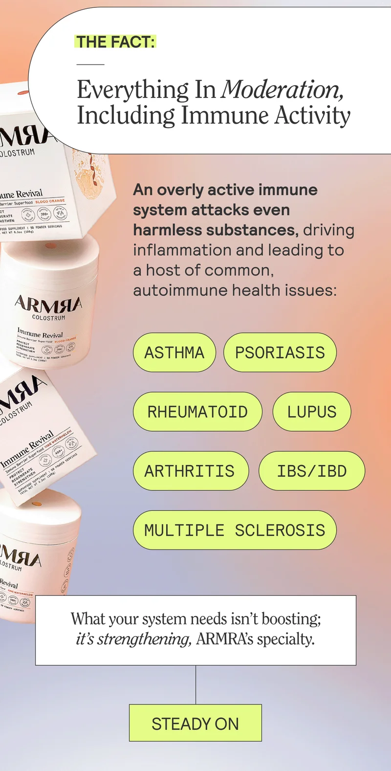 THE FACT: Everything In Moderation, Including Immune Activity. An overly active immune system attacks even harmless substances, driving inflammation and leading to a host of common, autoimmune health issues:  ASTHMA. PSORIASIS. RHEUMATOID. ARTHRITIS. IBS/IBD.  MULTIPLE SCLEROSIS. LUPUS.  What your system needs isn’t boosting; it’s strengthening, ARMRA’s specialty. STEADY ON