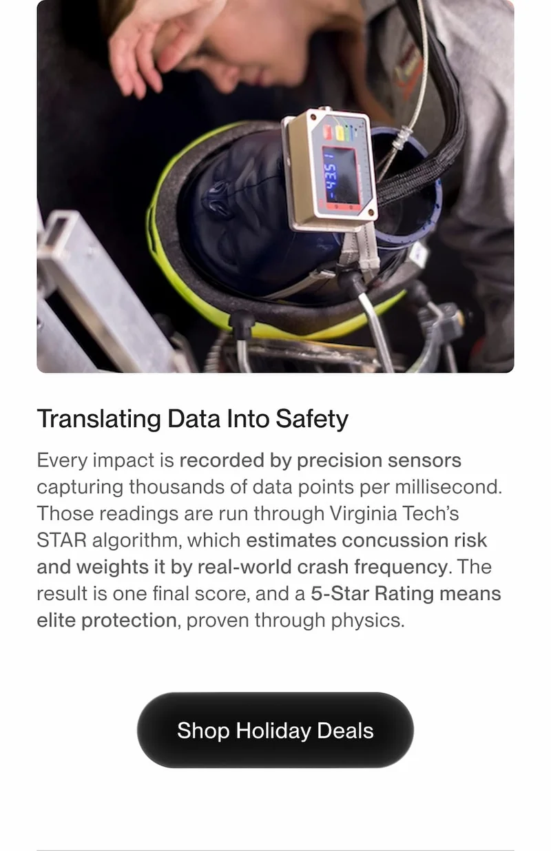 Helmet on crash test rig with precision sensors measuring impact. Headline: ‘Translating Data Into Safety.’