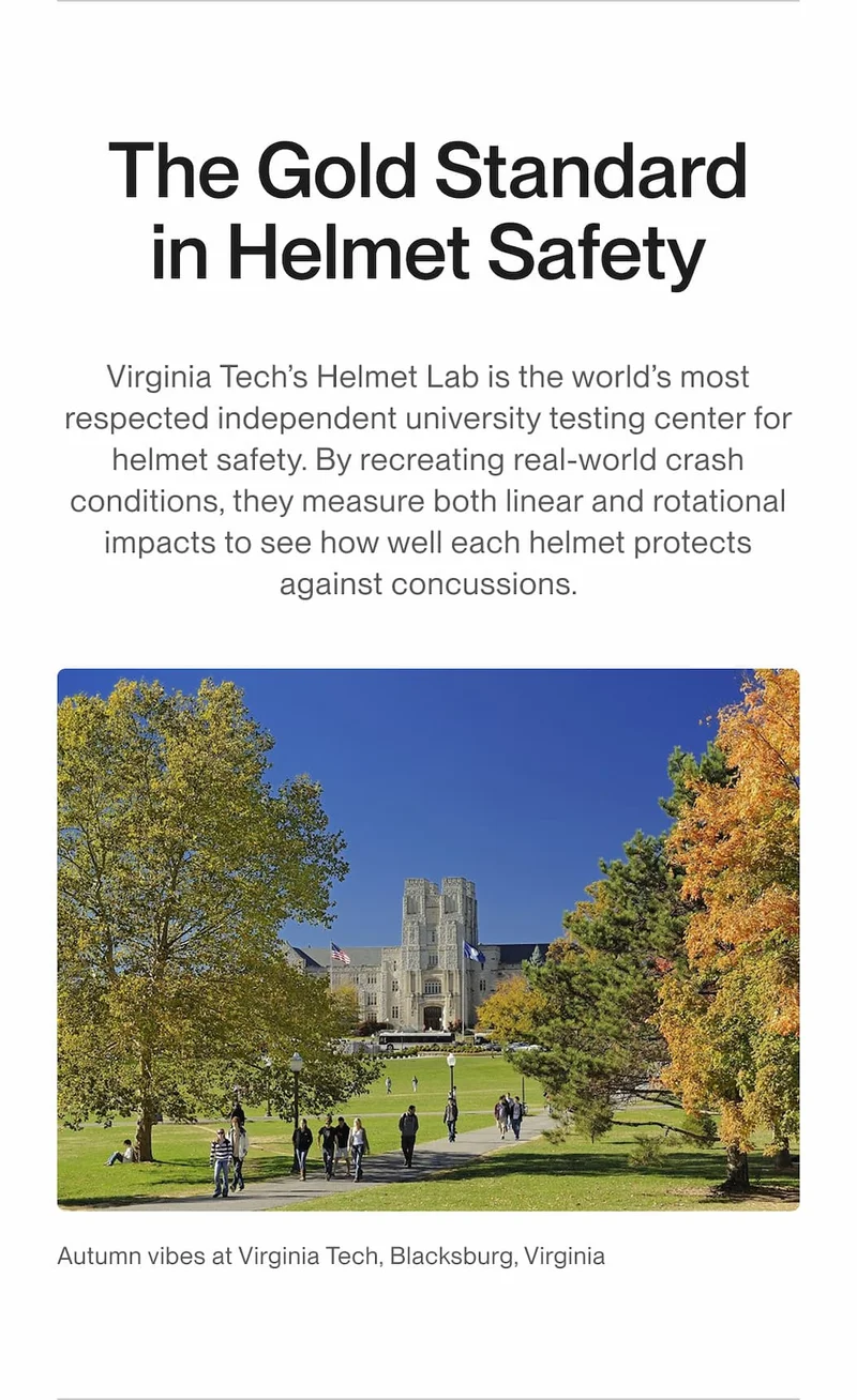 Virginia Tech campus in autumn with students walking. Headline: ‘The Gold Standard in Helmet Safety.’ Text explains Virginia Tech Helmet Lab’s leadership in real-world crash testing.