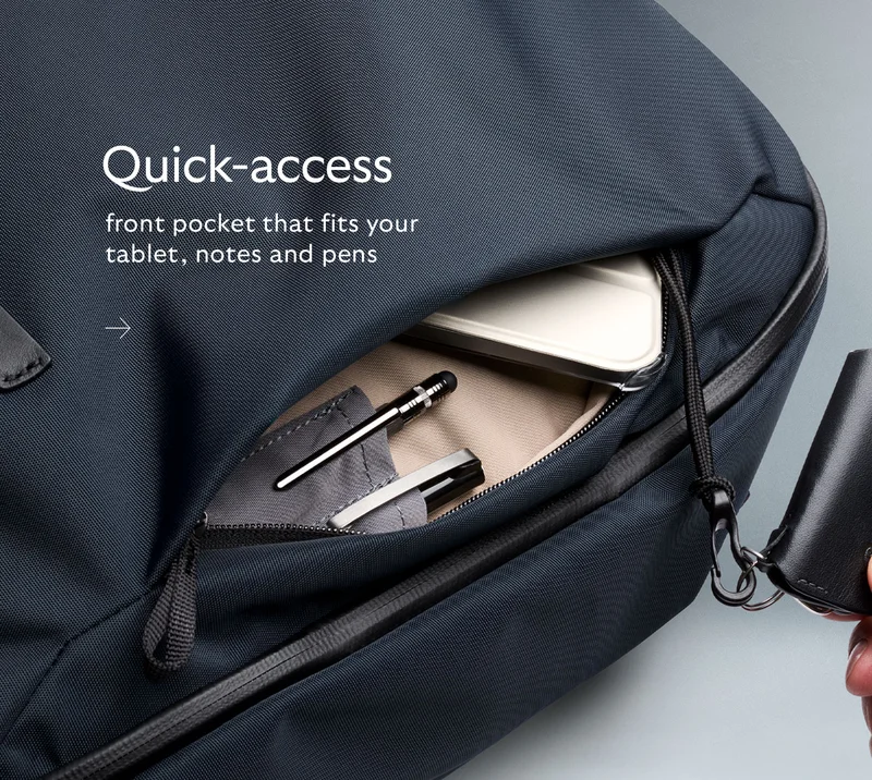 front pocket that fits your tablet, notes and pens