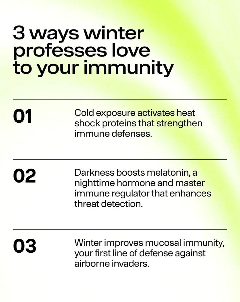 Infographic listing three winter immune benefits: cold exposure, melatonin support, and mucosal immunity.