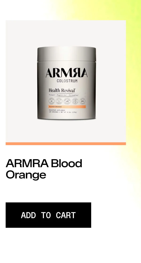 ARMRA Colostrum Health Revival in Blood Orange flavor with add-to-cart button.