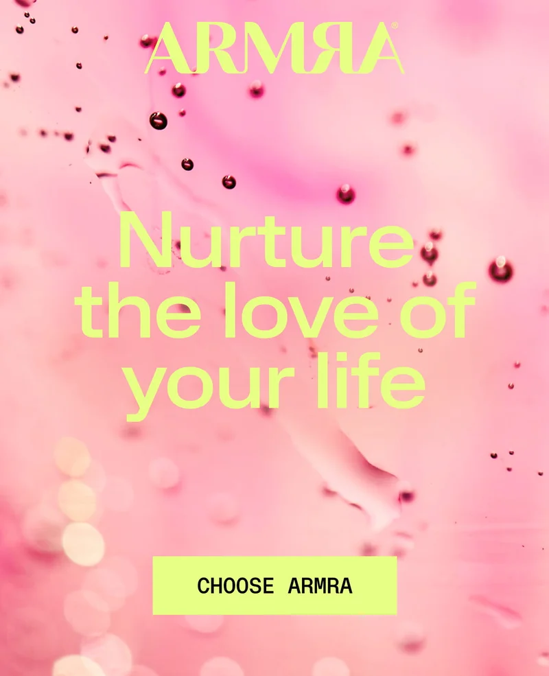ARMRA Valentine’s promotion with pink background and text: “Nurture the love of your life” and “Choose ARMRA.”