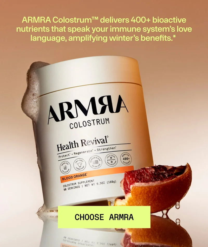 ARMRA Colostrum Blood Orange container with sliced blood orange and “Choose ARMRA” call-to-action.