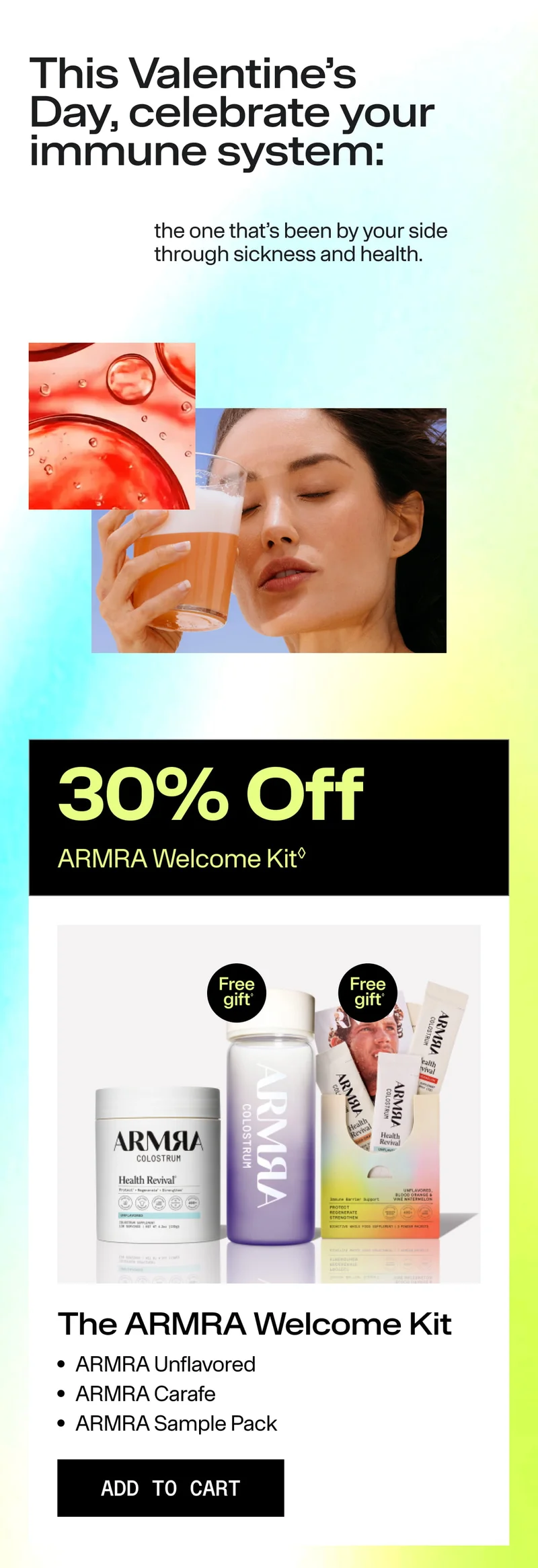 Valentine’s Day immune health promotion featuring 30% off ARMRA Welcome Kit with product bundle and add-to-cart button.