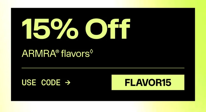 Graphic promoting 15% off ARMRA flavors with code FLAVOR15.