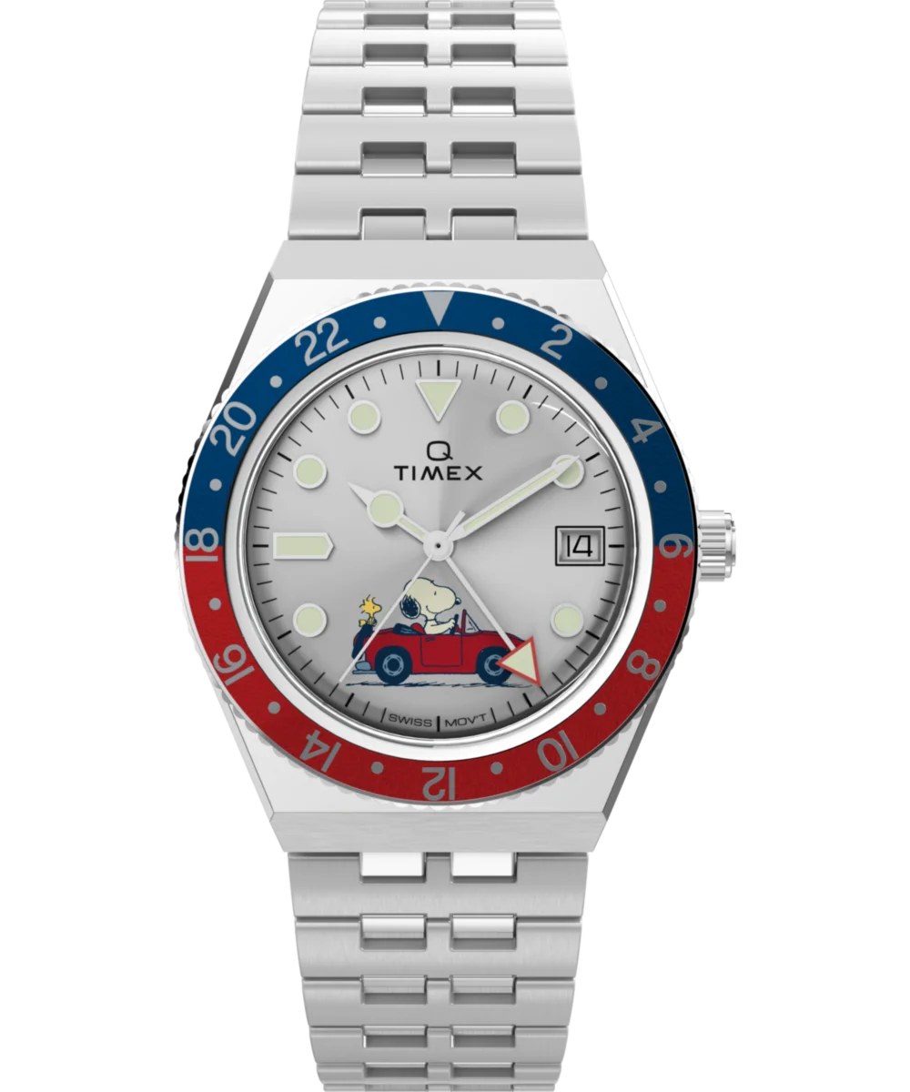 Image of Timex x Peanuts® Q Timex® GMT 38mm Stainless Steel Bracelet Watch
