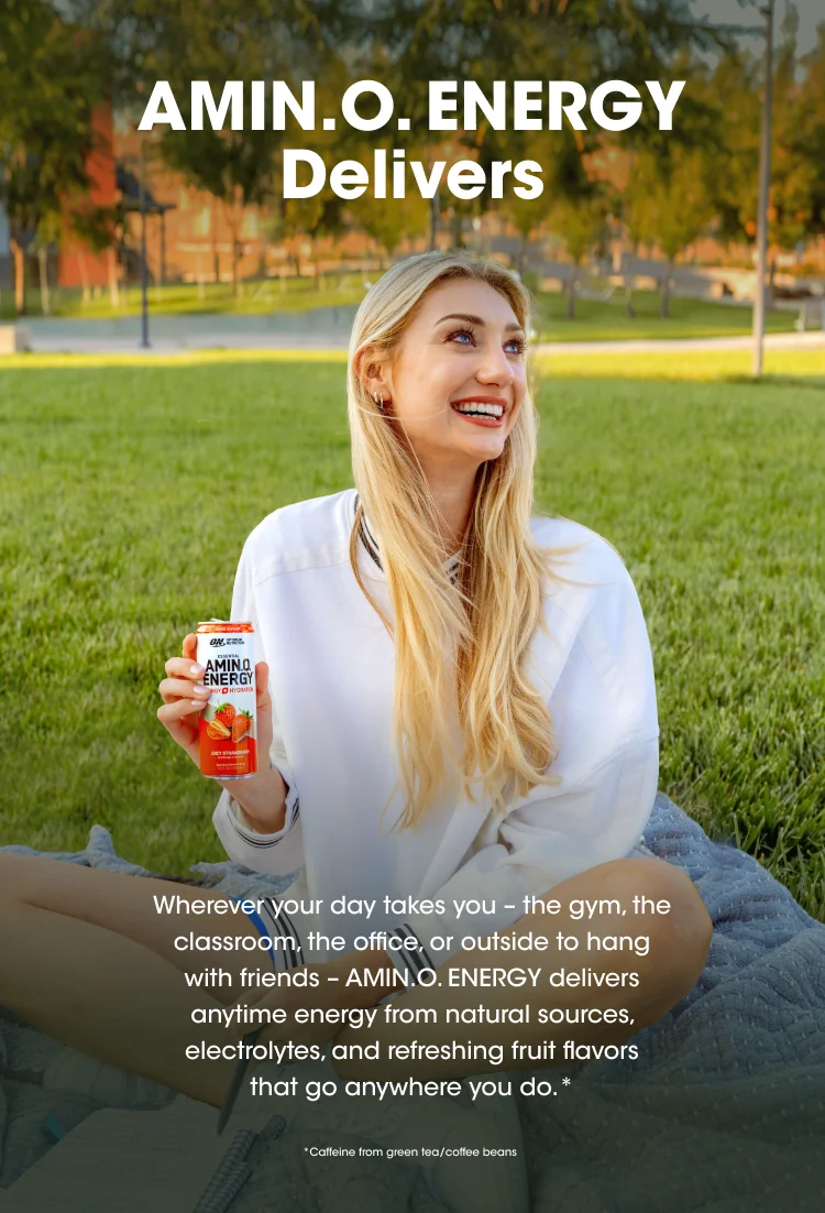 AMIN.O. ENERGY Delivers. Wherever your day takes you - the gym, the classroom, the office, or outside to hang with friends - AMIN.O. ENERGY delivers anytime energy from natural sources, electrolytes, and refreshing fruit flavors that go anywhere you do.* *Caffeine from green tea/coffee beans