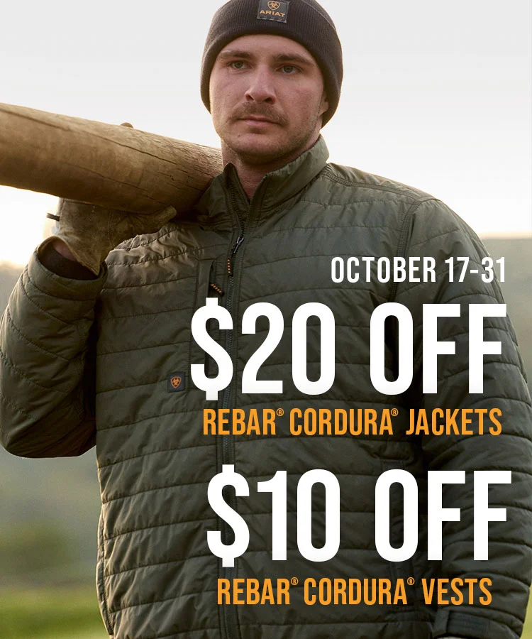 OCTOBER 17-31. $20 OFF REBAR CORDURA JACKETS. $10 OFF REBAR CORDURA VESTS.