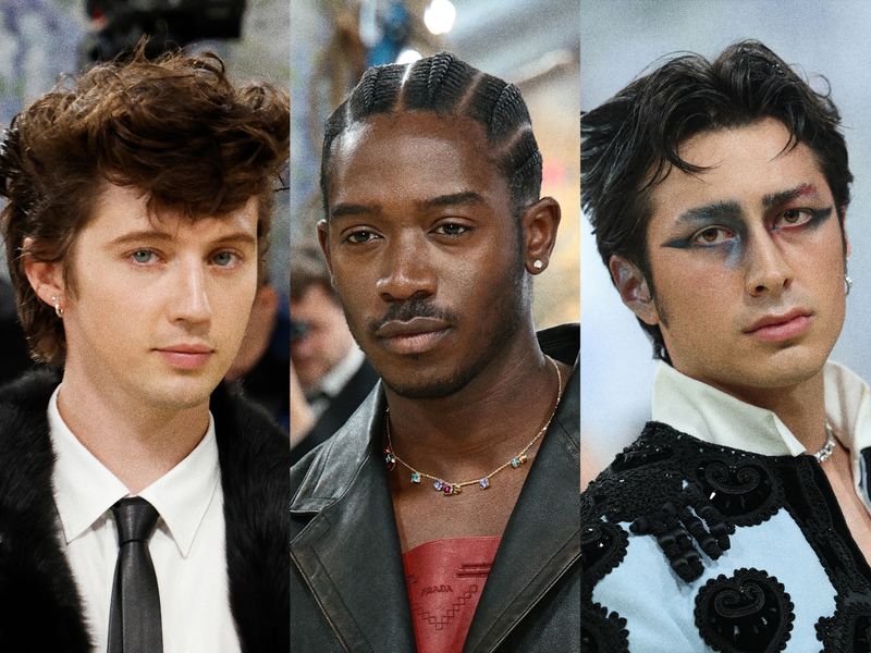 Image may contain: met gala, met gala men's hair, met gala men's grooming, met gala met's facial hair, Damson Idris, Head, Person, Face, Adult, Body Part, Neck, Accessories, Jewelry, Necklace, and Clothing