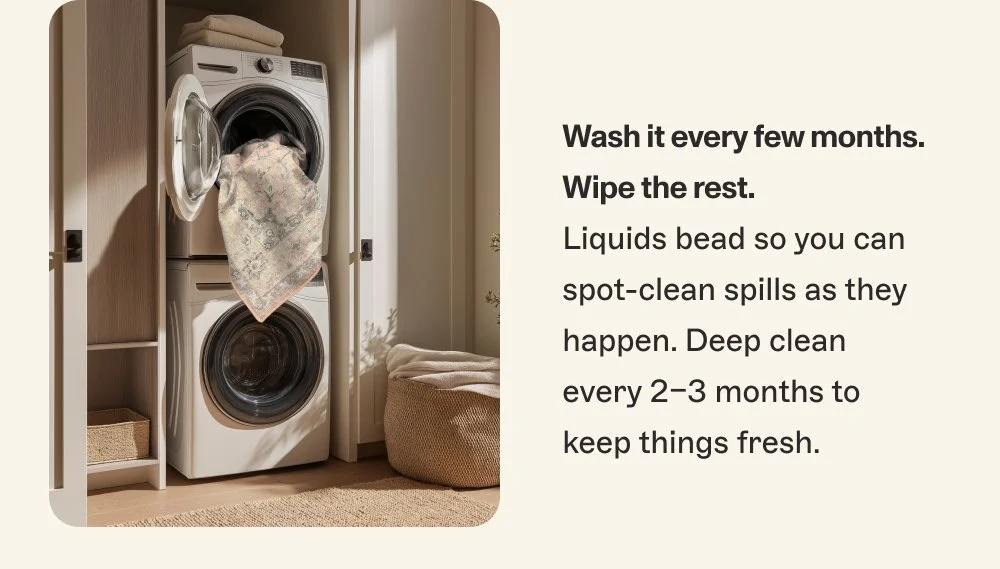 Wash it every few months. Wipe the rest. Liquids bead so you can spot-clean spills as they happen. Deep clean every 2–3 months to keep things fresh.