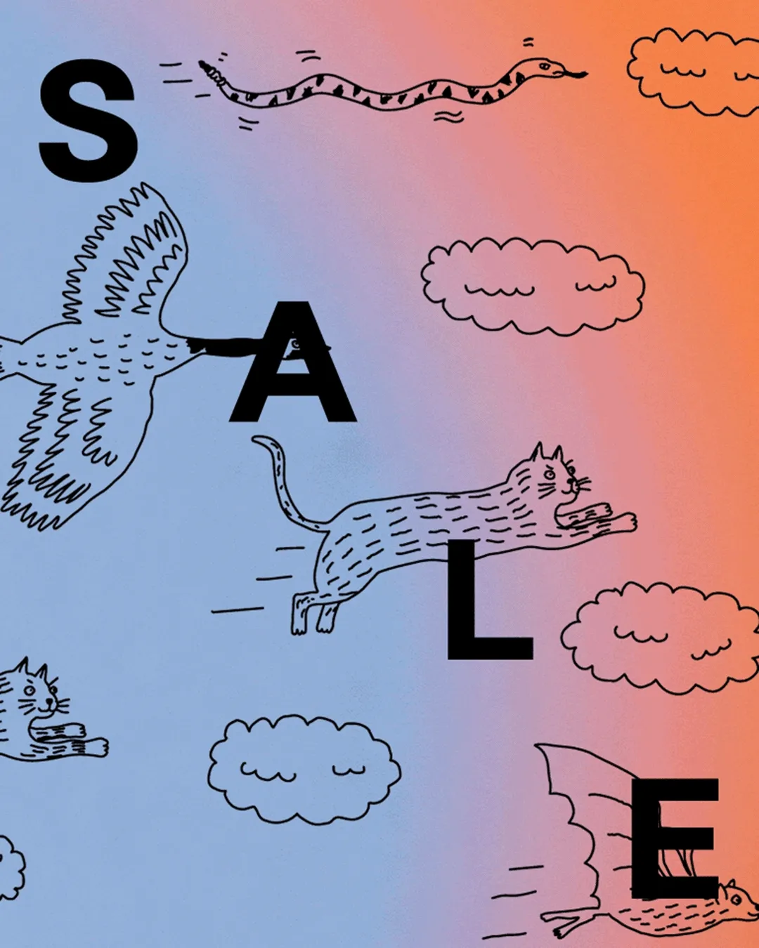 migrating animals fly through the screen with the word SALE in bog letters