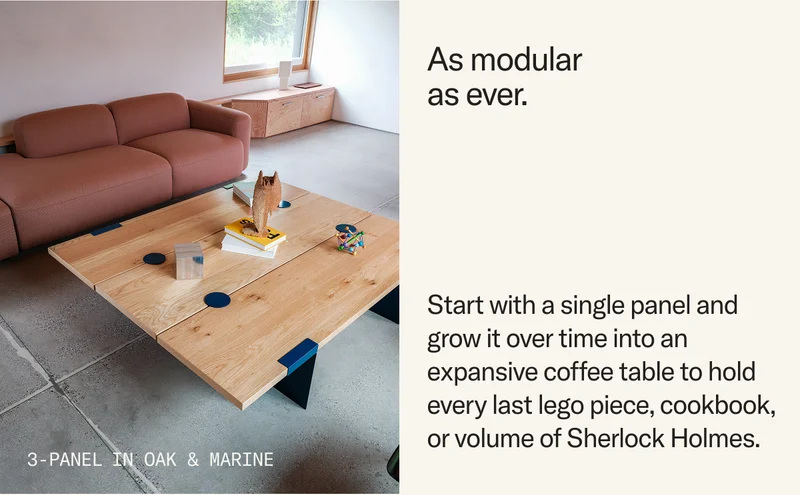The Lift Off Coffee Table expands from 1 to 3 panels in width, meaning it can grow with you as your space and needs change.