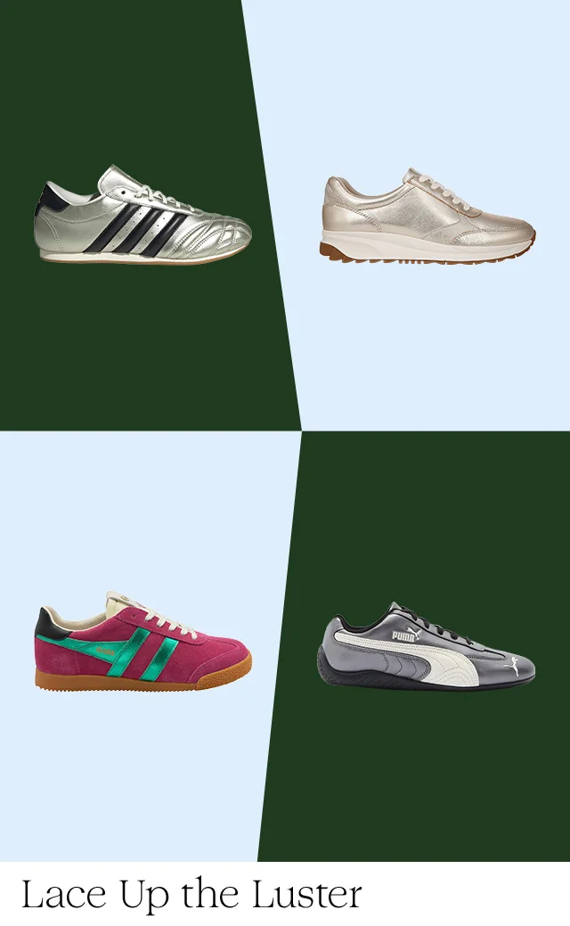 An assortment of sneakers in metallic materials.